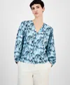 Hugo Boss Women's Faux-wrap Buttoned-cuff Top In Blue Aztec Print