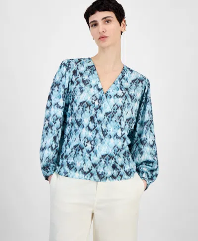 Hugo Boss Women's Faux-wrap Buttoned-cuff Top In Blue Aztec Print