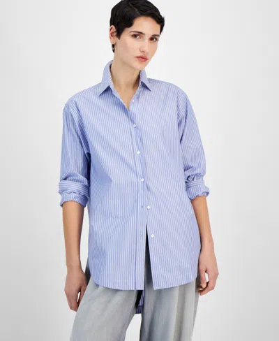 Hugo Boss Women's Long-sleeve Button-down Shirt In Blue Stripe