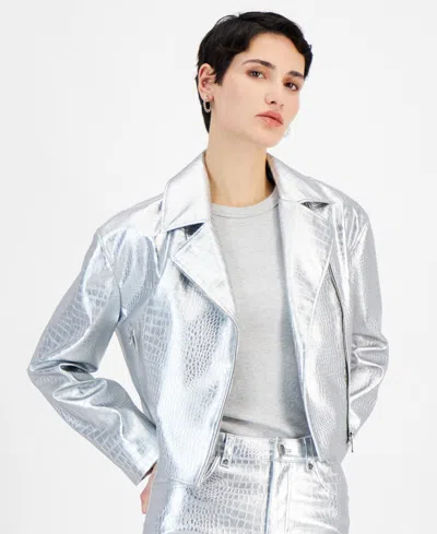 Hugo Boss Women's Metallic Croc-embossed Moto Jacket In Silver