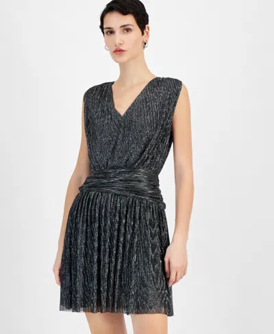 Hugo Boss Women's Metallic Pleated V-neck Mini Dress In Black