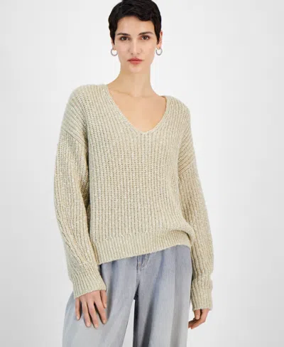 Hugo Boss Women's Metallic V-neck Drop-shoulder Sweater In Sand