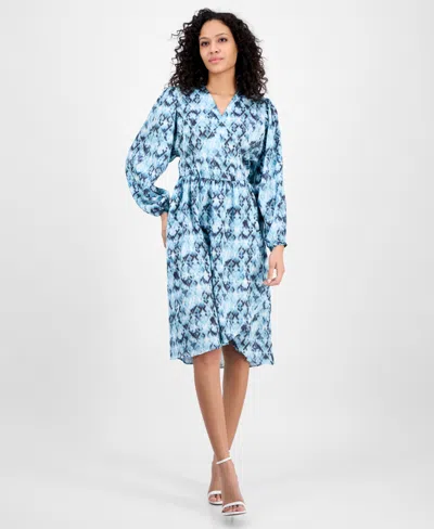 Hugo Boss Women's Printed Blouson-sleeve Midi Dress In Blue Aztec Print