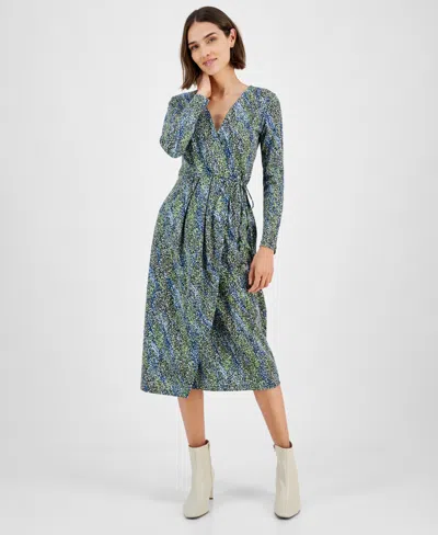 Hugo Boss Women's Printed Long-sleeve Midi Wrap Dress In Deep Sea Print