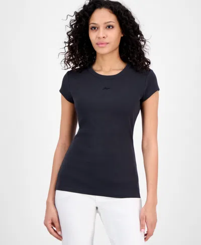 Hugo Boss Women's Ribbed Open-back Short-sleeve Jersey Top In Black
