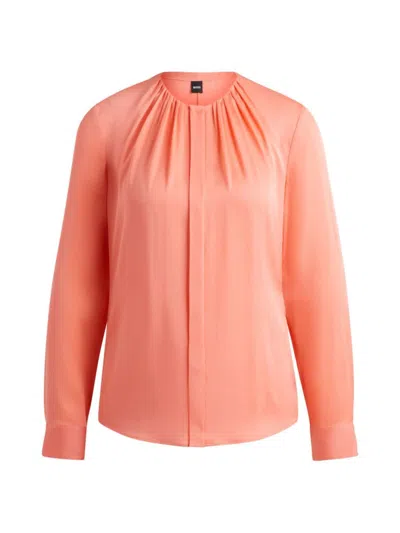 Hugo Boss Ruched-neck Blouse In Stretch-silk Crepe De Chine In Orange