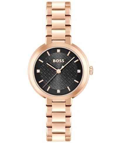 Hugo Boss Women's Sena Quartz Ionic Plated Carnation Gold-tone Steel Watch 34mm In Black