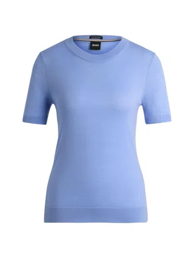 Hugo Boss Short-sleeved Sweater In Merino Wool In Open Blue