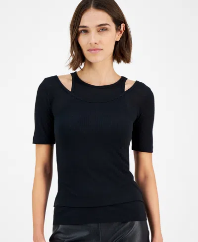 Hugo Boss Women's Slim Ribbed Layered-look Short-sleeve Top In Black