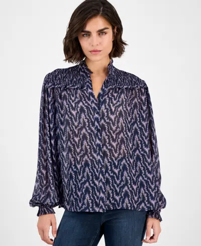 Hugo Boss Women's Smocked Mock Neck Blouse In Blue