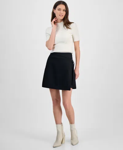 Hugo Boss Women's Solid Low-rise Faux-wrap Side-buckle Mini Skirt In Black
