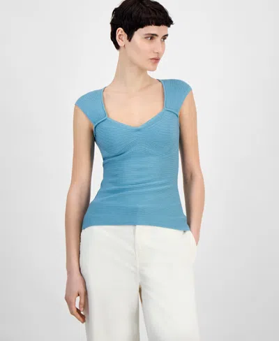 Hugo Boss Women's Sweetheart-neck Ribbed-knit Top In Algae Blue