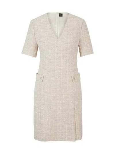 Hugo Boss V-neck Dress In Melange Tweed With Hardware-button Trims In Beige