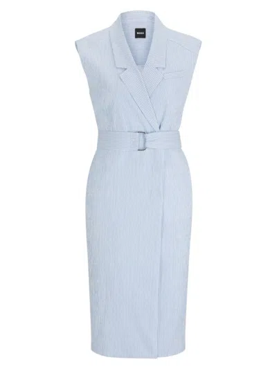 Hugo Boss Wrap-front Dress In Striped Stretch-cotton Seersucker In Blue