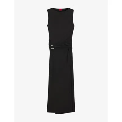 Hugo Boss Womens Black Buckle-embellished Wrap-effect Jersey Maxi Dress