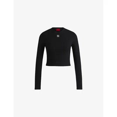 Hugo Boss Womens Black Logo-embroidered Long-sleeve Stretch Cotton-blend Top Xs