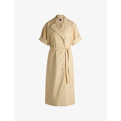 Hugo Boss Womens Open Beige Double-breasted Tie-waist Faux-leather Midi Dress