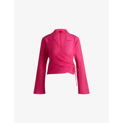 Hugo Boss Womens Hugo Wrap-over Long-sleeve Woven Top In Bright Pink