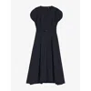 Hugo Boss Womens Dark Blue V-neck Belted-waist Cotton-blend Midi Dress In Blue