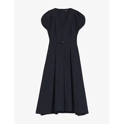 HUGO BOSS WOMENS DARK BLUE V-NECK BELTED-WAIST COTTON-BLEND MIDI DRESS