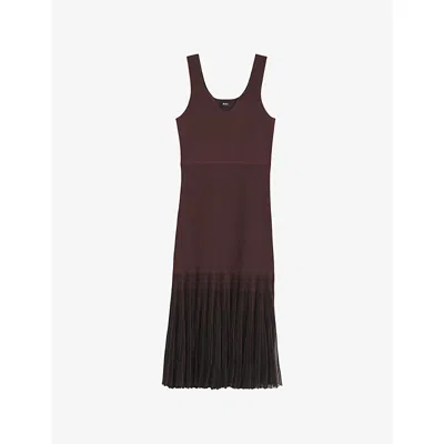 Hugo Boss Womens Dark Brown Sleeveless Ribbed Knitted Midi Dress Xs In Burgundy