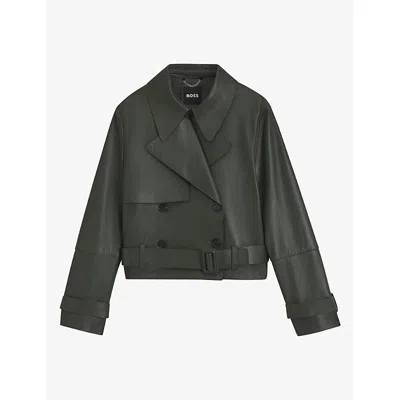 Hugo Boss Womens Double-breasted Notch-lapel Leather Jacket Dark Green In Gray