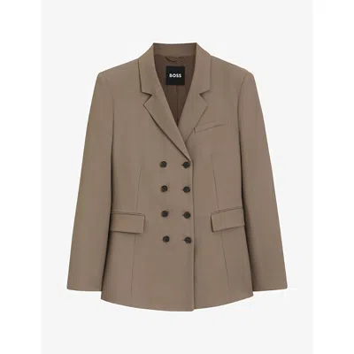 Hugo Boss Womens Double-breasted Slim-fit Gabardine-twill Blazer Brown Overflow