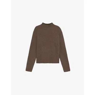 Hugo Boss Womens Open Brown Bouclé-texture High-neck Wool-blend Jumper Xl
