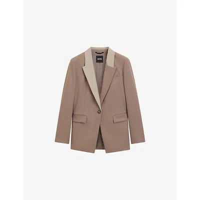 HUGO BOSS WOMENS OPEN BROWN COLOUR-BLOCK LAPEL SINGLE-BREASTED VIRGIN-WOOL BLAZER