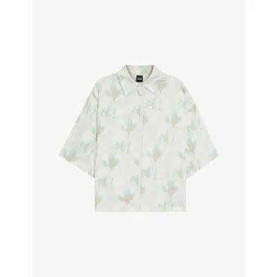 Hugo Boss Womens Open Miscellaneous Floral-print Cropped Woven Blouse In White
