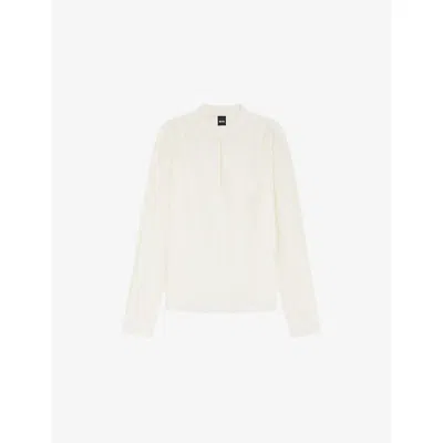 Hugo Boss Womens Open White Stand-collar Relaxed-fit Silk Blouse