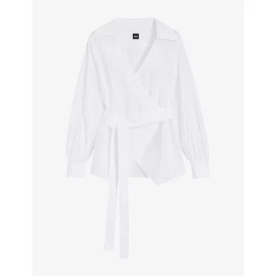 Hugo Boss Womens Wrap-front Regular-fit Cotton-poplin Blouse White