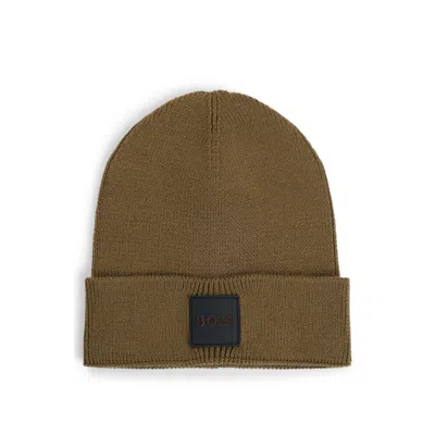 Hugo Boss Wool Beanie Hat With Logo Badge In Green