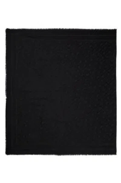 Hugo Boss Wool-blend Scarf With Monogram Jacquard And Fringing In Black