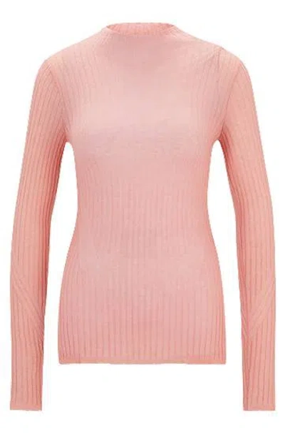 Hugo Boss Wool-blend Slim-fit Sweater With Side Slits In Pink