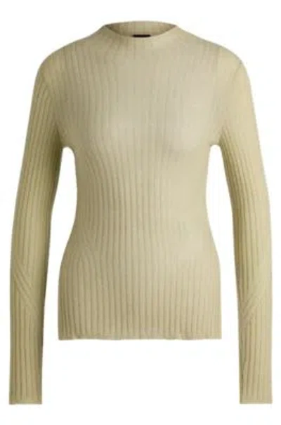 Hugo Boss Wool-blend Slim-fit Sweater With Side Slits In Khaki