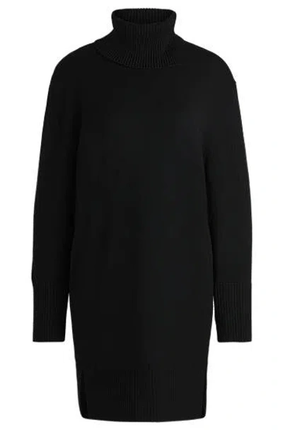 Hugo Boss Wool-blend Sweater Dress With Slit Collar And Hem In Black