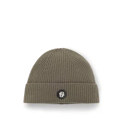 Hugo Boss Wool-cashmere Beanie Hat With Double B Monogram In Green