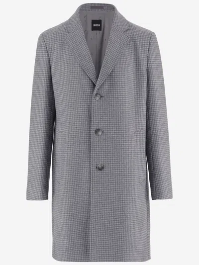 Hugo Boss Wool Coat With Henspeat Pattern In Gray