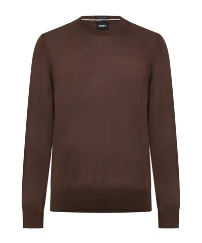 Hugo Boss Wool Long-sleeve Crew Neck Sweater In Brown