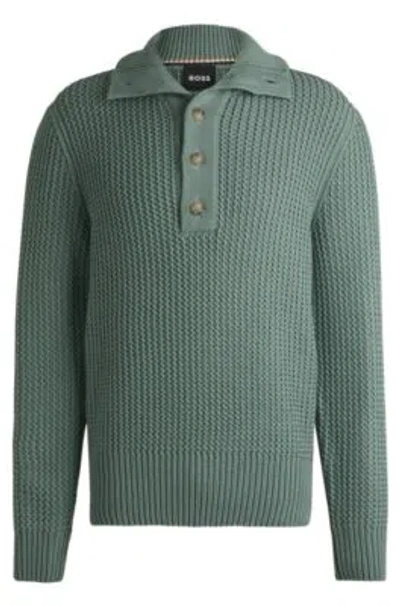 Hugo Boss Wool Regular-fit Sweater With Buttoned Placket In Light Green