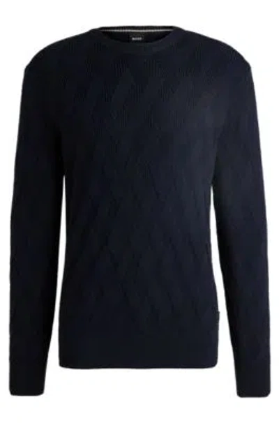 Hugo Boss Wool Regular-fit Sweater With Knitted Structure In Dark Blue