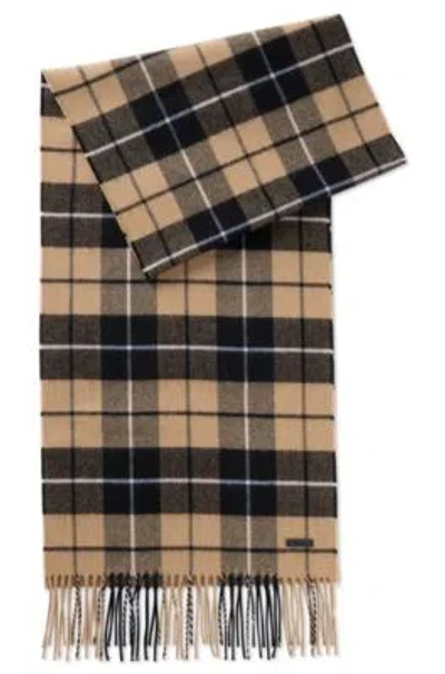 Hugo Boss Wool Scarf With Check And Twisted Fringes In Beige