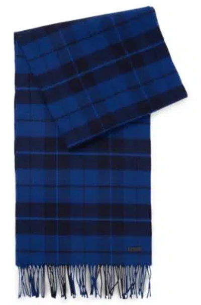 Hugo Boss Wool Scarf With Check And Twisted Fringes In Light Blue
