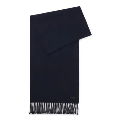 Hugo Boss Wool Scarf With Logo Label And Twisted Fringes In Blue