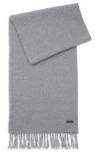 Hugo Boss Wool Scarf With Logo Label And Twisted Fringes In Silver