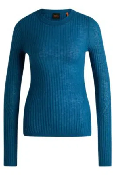 Hugo Boss Wool Slim-fit Sweater With Raw Edges In Dark Blue