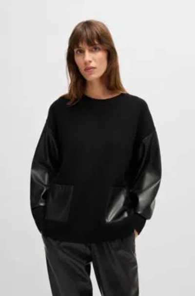 Hugo Boss Wool Sweater With Faux-leather Sleeves In Black