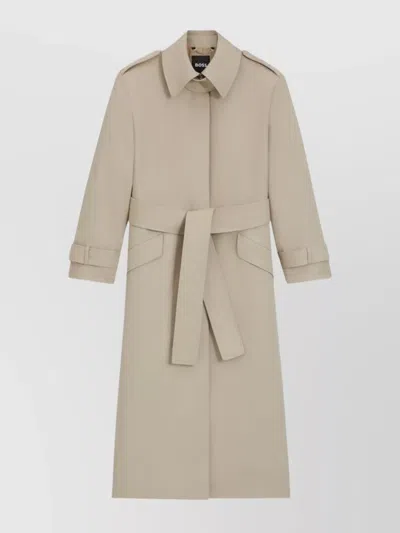 Hugo Boss Wool Trench Coat Belted Waist In Neutral