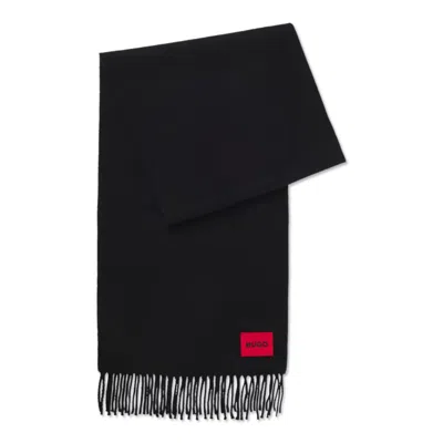 Hugo Boss Wool-twill Scarf With Twisted Fringes In Black